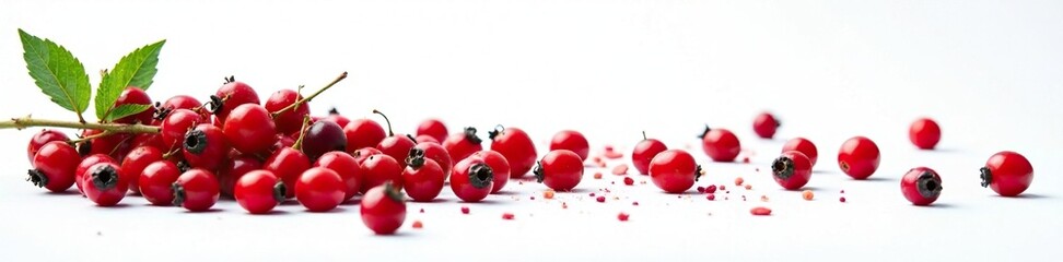 Falling barberry on white background, with berries scattered all over the surface, berries, photography, scatter