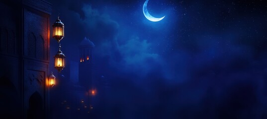 Night Mosque Crescent Moon Ramadan Lights