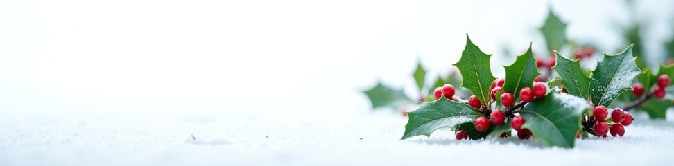 Snowy winter scene with holly bush against white background, holly, festive atmosphere, holiday decorations