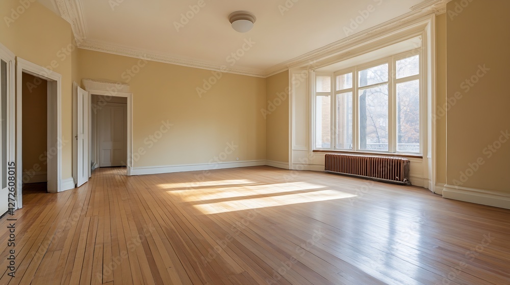 Poster bright empty room with wooden floor and large windows showcasing sunlight streaming inside : generat