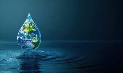 Fototapeta premium A vibrant water droplet containing Earth reflects in a serene blue background, symbolizing environmental awareness