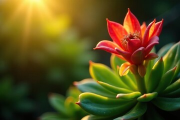 Blooming Euphorbia Geroldi on a stunning succulent plant background with sunlight filtering through leaves, sun filter,