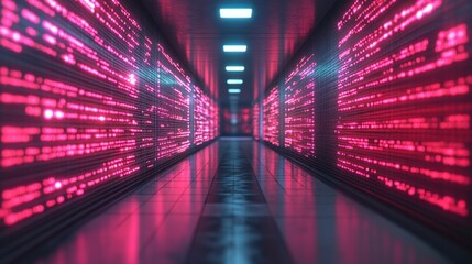 Pink and blue neon glowing code lines on walls of a futuristic corridor.