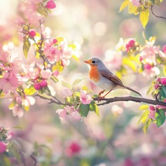 A Vibrant European Robin Perched Among Delicate Pink Blossoms in a Sunlit Spring Garden, Symbolizing Renewal and the Beauty of Nature's Rebirth