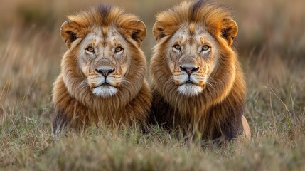 Obraz premium Two lions resting in African savanna grassland at sunset
