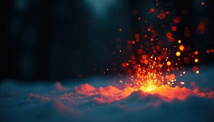 Black background with red and green fire sparks in the air, glow, winter