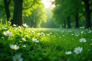 Indian garden landscape filled with tiny white flowers and lush greenery, wildflower, trees