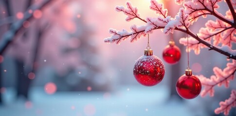 Red and white ornaments hanging from a bright pink tree branch, tree branch, winter wonderland, ornaments