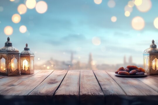 Ramadan dates on wooden table with lanterns, city background