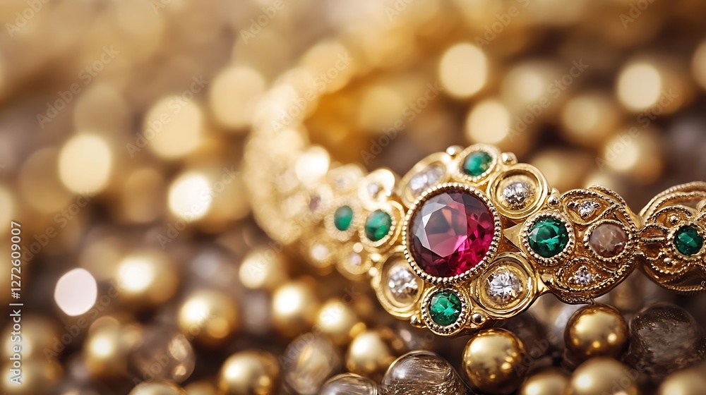 Poster luxurious golden bracelet adorned with red gemstones and green emeralds on shimmering background : g