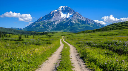 Fototapeta premium Dirt road winds through a lush green meadow leading towards a majestic snow-capped mountain peak under a clear blue sky.