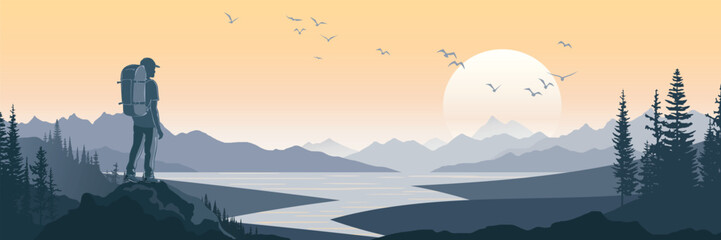 A tourist meets the sunrise in the mountains, hiking, adventure tourism and travel, vector illustration