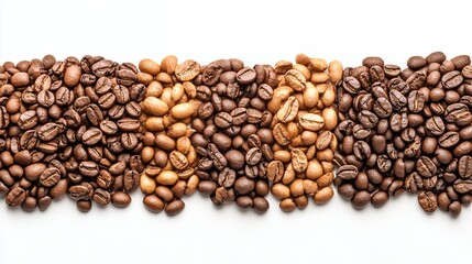 Obraz premium Roasted Coffee Beans in Various Shades of Brown on White Background