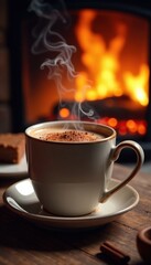 Steam curls around the rim of a hot cocoa mug by crackling fire, fireplace, beverage