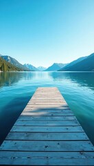 Wooden dock with blue planks extending into a calm lake, serene, lake, blue