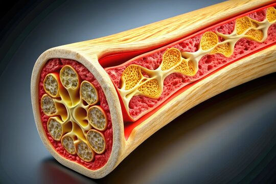 High-resolution image details long bone anatomy: periosteum, endosteum, bone marrow, and trabecular structure.