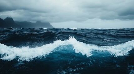 Naklejka premium Stormy ocean waves crashing against the shore under a cloudy sky