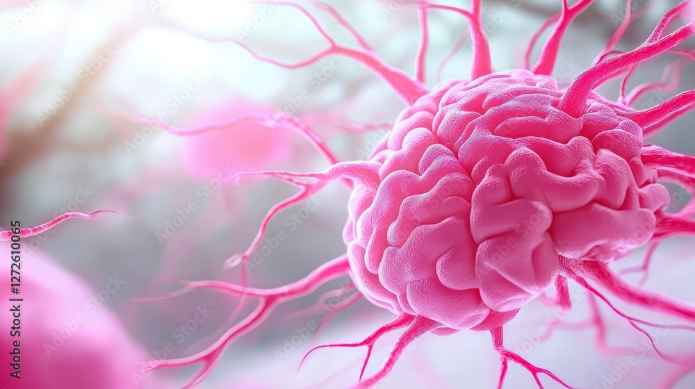 Poster pink brain neuron cell 3d render ai neural network science technology research healt