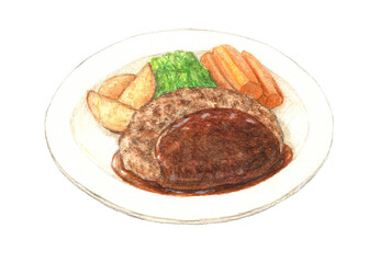ハンバーグ　手描き　水彩