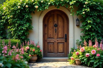 Fototapeta premium Wooden door with lush foliage and seasonal floral elements, natural, flowers