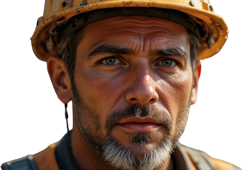 Close up Portrait of a Mature Male Construction Worker Wearing a Hard Hat