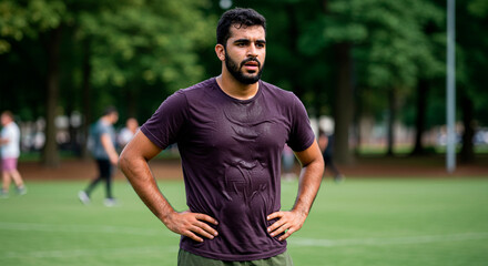 Young man warming up for training on a park during summer