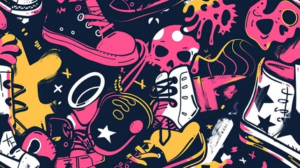 skull with punk pop rock funk styles elements with color splash abstract background, seamless pattern tile