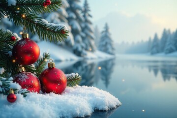 Icy winter scene with red gold ornaments on frozen lake background, winter wonderland, snowy trees, vintage ornaments