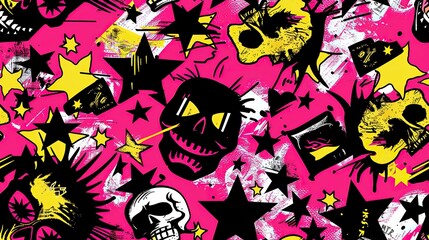skull with star ,punk pop rock funk styles elements with color splash abstract background, seamless pattern tile