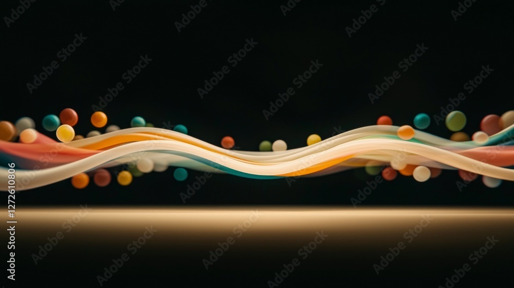 Poster abstract colorful wave with floating spheres dynamic energy trendy design