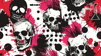 Naklejka premium punk pop rock styles skulls and stars elements with color splash abstract background, seamless pattern tile 