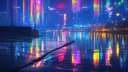 Obraz premium Neon Cityscape Reflecting in Water at Night