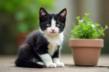 Black and white tuxedo kitten sits behind catnip pot, white, tuxedo, cute