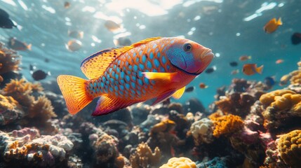 Naklejka premium Vibrant Reef Fish Swimming Coral Sunlit Ocean