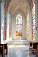 Stained glass windows and white stone floor in modern church sanctuary with white podium, minimalist, stained glass