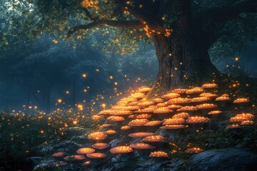 Obraz premium A tree surrounded by a ring of vibrant mushrooms, hinting at an enchanted forest, glowing softly in the twilight