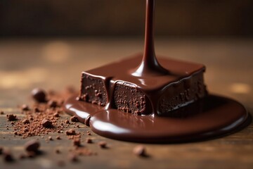 Dark chocolate melts violently on wooden surface, splashing liquid, wood, texture