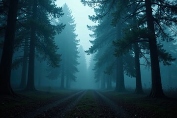 Obraz premium Dark forest landscape with misty atmosphere and tall trees, shadows, trees, darkness