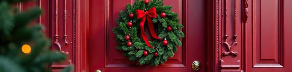 Red and green Christmas wreath on a wooden door, holiday, festive, decoration