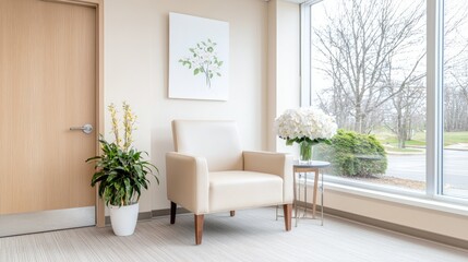 Fototapeta premium Waiting room chair, flowers, window view, peaceful atmosphere, healthcare