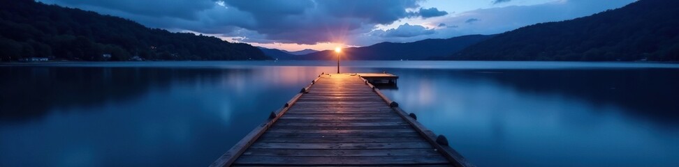 Fototapeta premium wooden pier stretching across calm lake surface at night, reflection, darkness