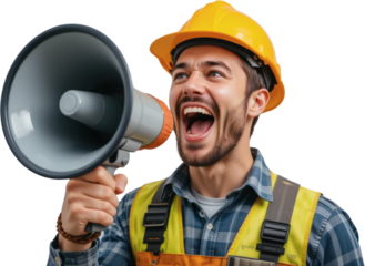 Construction Worker Shouting into Megaphone Hard Hat Announcement