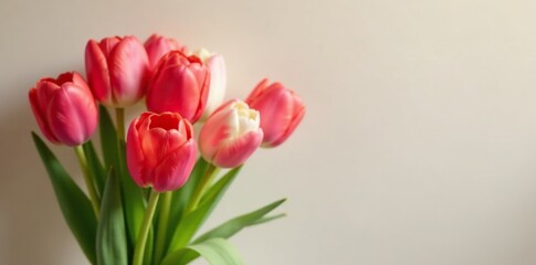 Red and white tulips against a soft background, tulips, bouquet, flowers