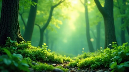 Fototapeta premium Serene Forest Floor Lush Undergrowth Bathed in Sunlight, Tranquil Woodland Scene with Vibrant Greenery and Sunbeams Filtering Through the Canopy