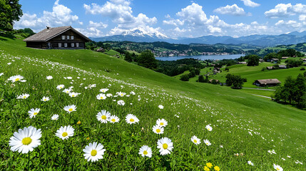 Alpine chalet, wildflowers, lake, mountains, sunny day