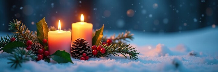 Soft candlelight illuminates a bed of holly and pinecones on a snowy ground, winter, holly, frosty