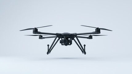 Black drone hovering, studio shot, aerial photography