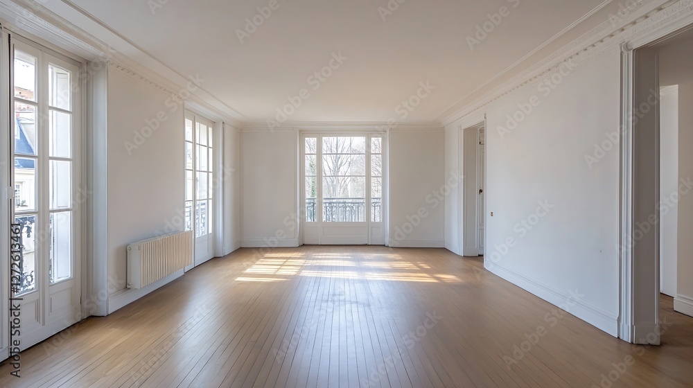 Poster minimalist empty room with sunlight filtering through windows : generative ai