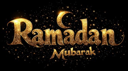 Gold glitter Ramadan Mubarak text design on a black background with twinkling stars.