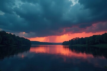 Fototapeta premium Dark ominous clouds gather over a lake at dusk, weather, atmospheric